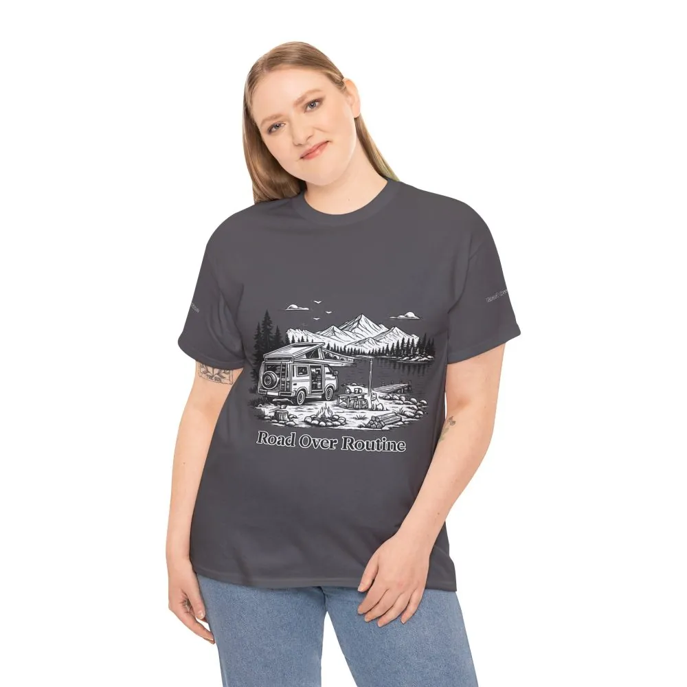 14033808052949791661_2048.jpeg Unisex Heavy Cotton Tee — "Road Over Routine" Design Minimal-Line