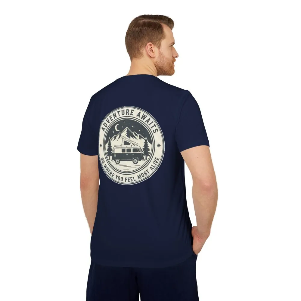 T-Shirt(Adidas) - 'Adventure Awaits-Go Where You Feel Most Alive' (Front + back printed)