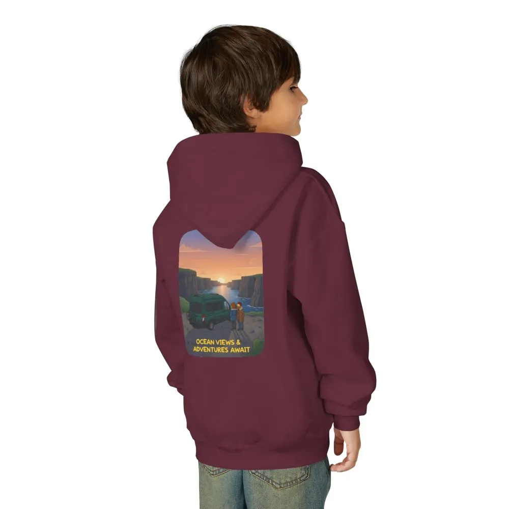 Youth Hoodie(Gildan) – "Ocean Views-Adventures Awaits" (Design Sitcom-Line)