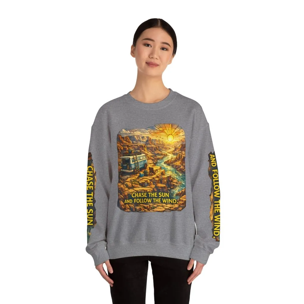 Unisex Heavy Blend™ Crewneck Sweatshirt — "Chase The Sun And Follow The Wind" Design Cubic-Line