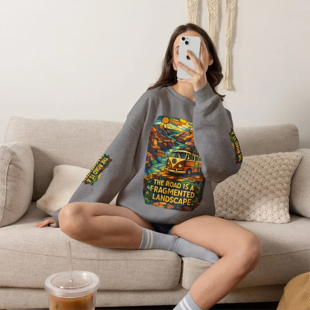 Unisex Heavy Blend™ Crewneck Sweatshirt — "The Road Is A Fragmented Landscape" Design Cubic-Line