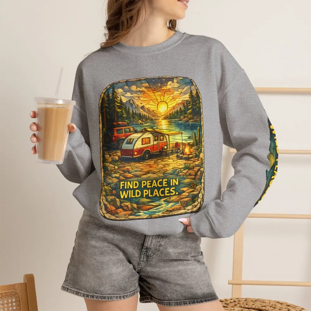 Unisex Heavy Blend™ Crewneck Sweatshirt — "Find Peace In Wild Places" Design Cubic-Line
