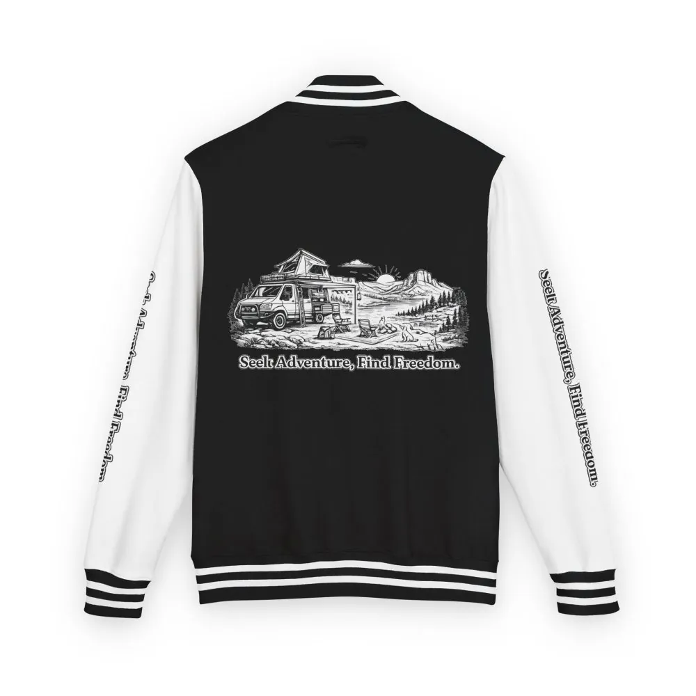 14112332813129431909_2048.jpeg Unisex Heavyweight Letterman Jacket — "Seek Adventure, Find Freedom" Travel Varsity Coat