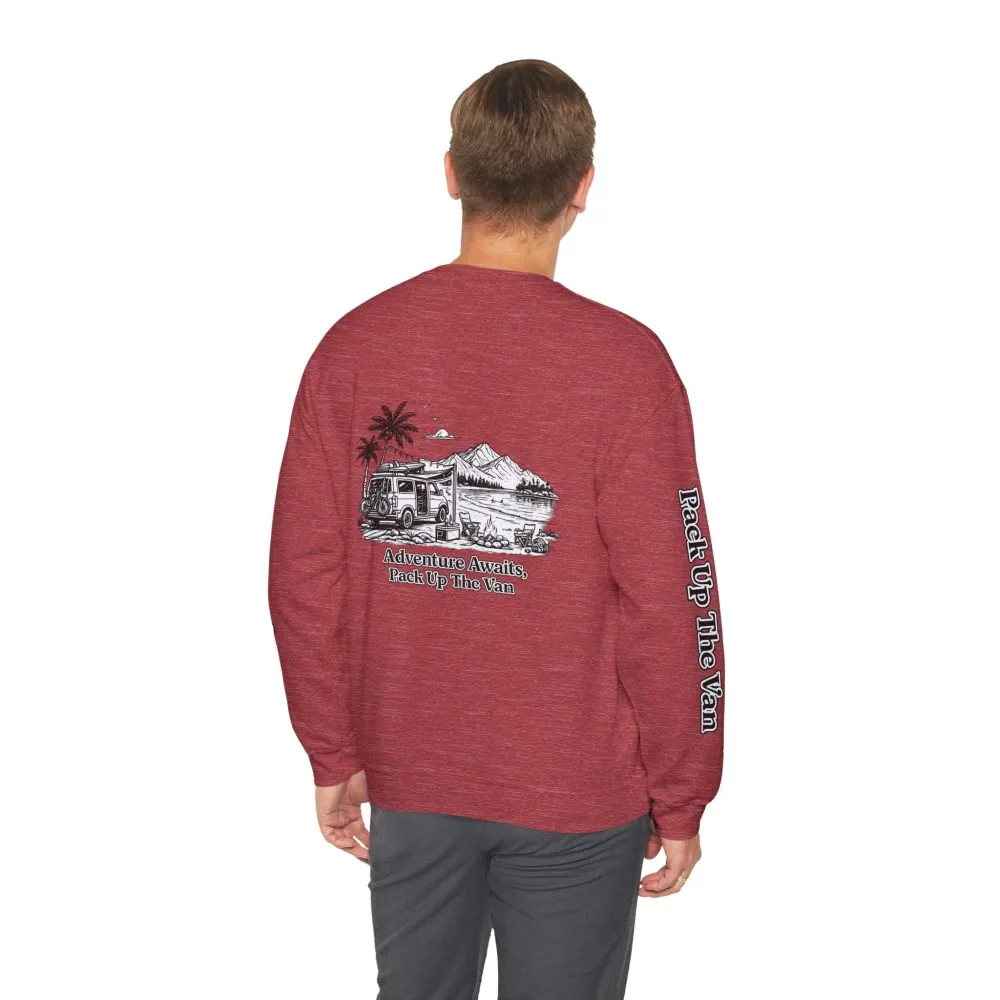 Unisex Heavy Blend™ Crewneck Sweatshirt — "Adventure Awaits,Pack Up The Van" Design Minimal-Line