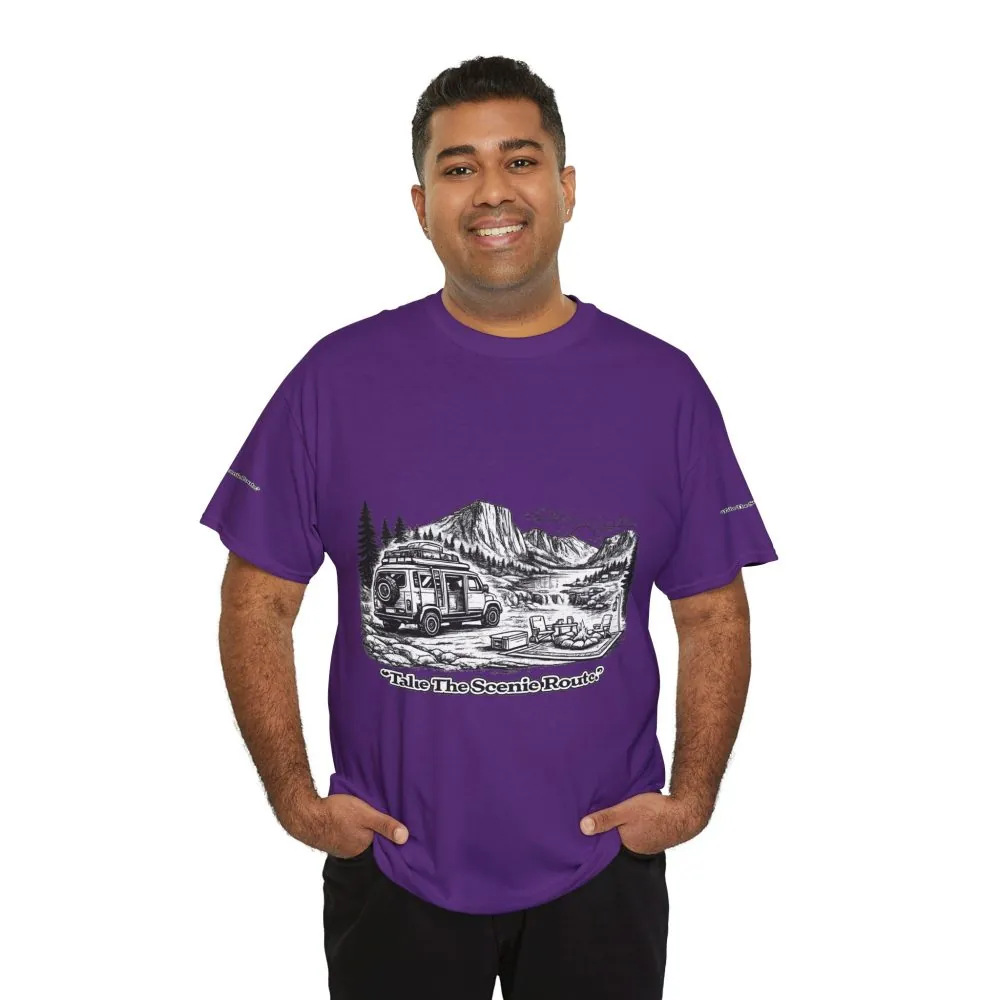 Unisex Heavy Cotton Tee — "Take The Scenic Route" Design Minimal-Line