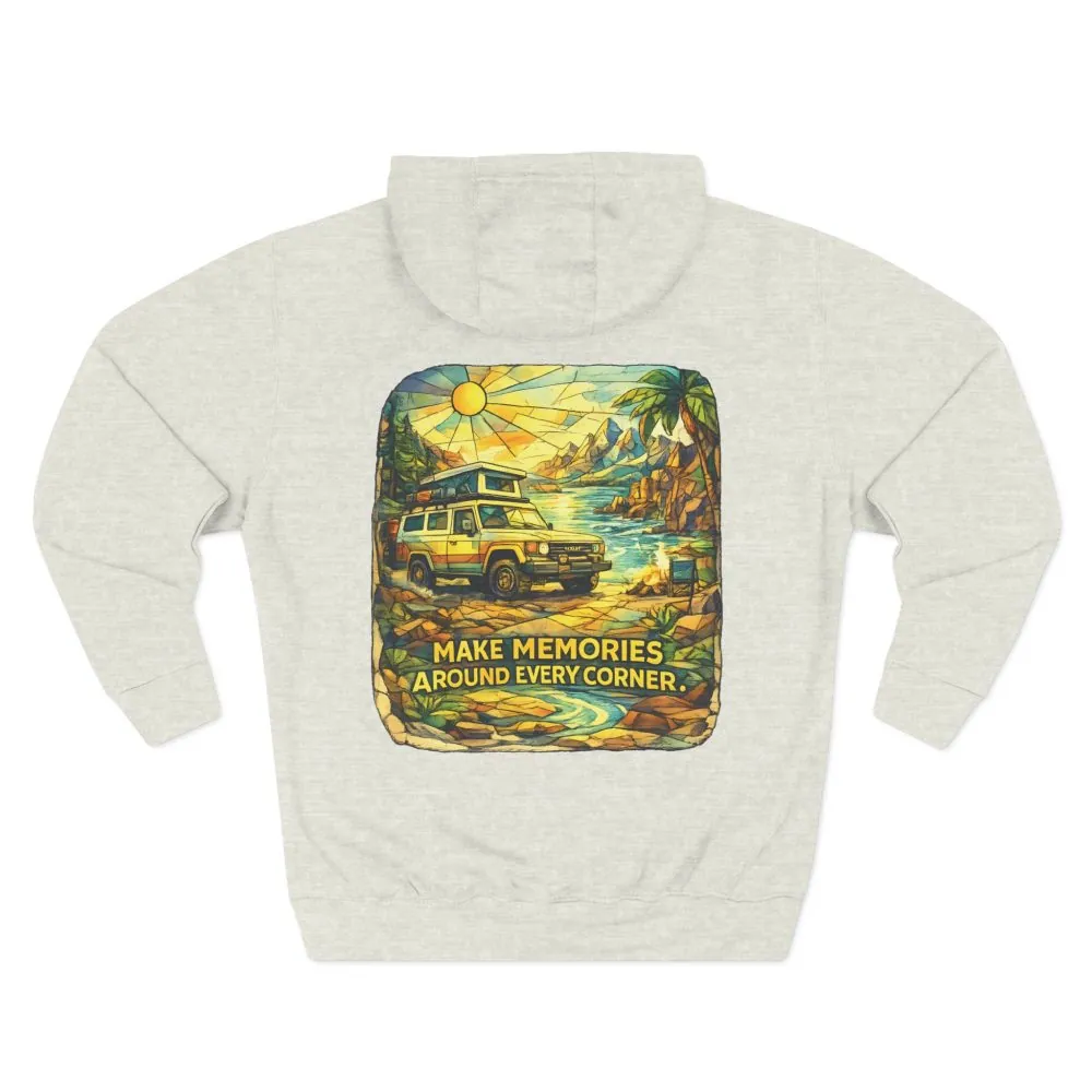 14145451301551726793_2048.jpeg Three-Panel Fleece Hoodie - "Make Memories Around Every Corner" Design Cubic-Line