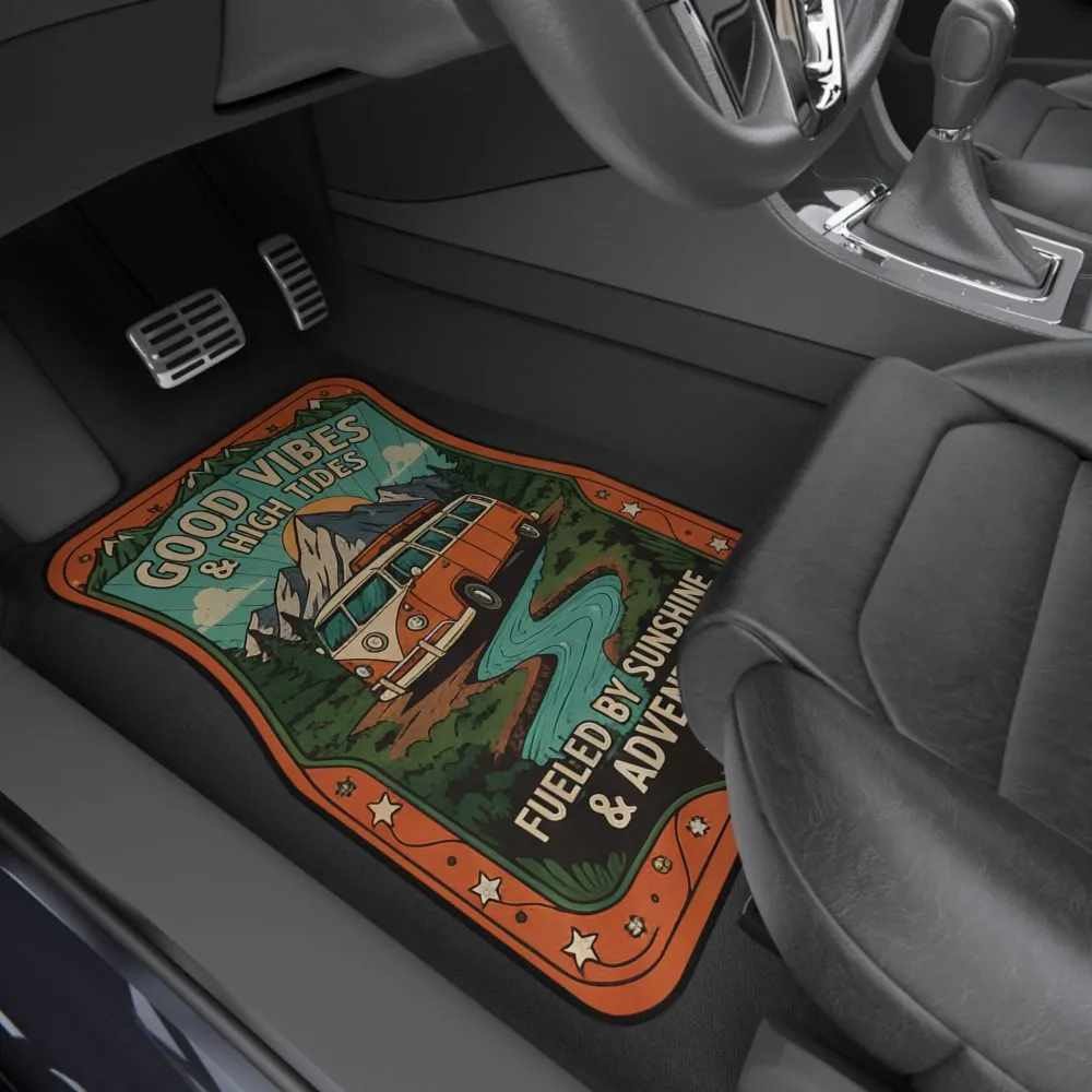 Car Mats (Set of 2 Front) — "Good Vibes & High Tides-Retro Adventure Van " Front Seat Floor Mats