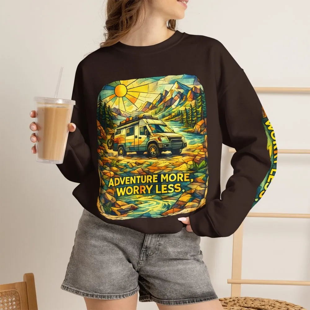 Unisex Heavy Blend™ Crewneck Sweatshirt — "Adventure More Worry Less" Design Cubic-Line