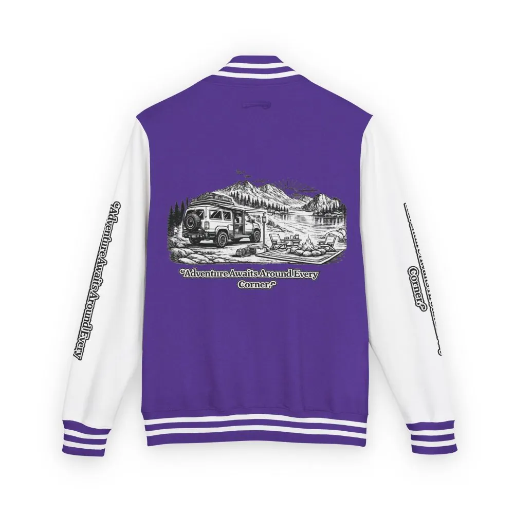 Unisex Heavyweight Letterman Jacket — "Adventure Awaits Around Every Corner" Travel Varsity Coat