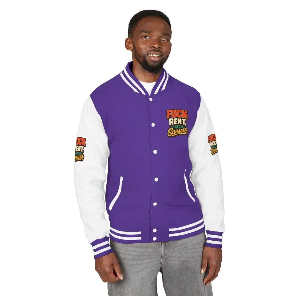 Unisex Heavyweight Letterman Jacket — "Fuck Rent Catch Sunsets" Design F**K-Line