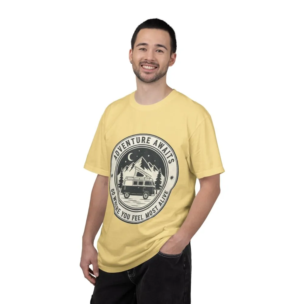 T-Shirt — "Adventure Awaits-Go Where You Feel Most Alive" (Only Front Printed) Outdoor Travel Tee
