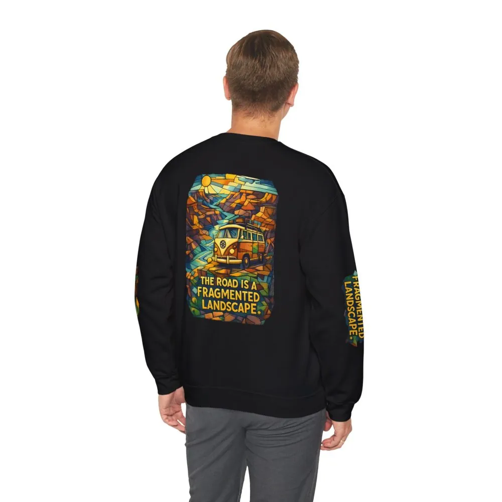 Unisex Heavy Blend™ Crewneck Sweatshirt — "The Road Is A Fragmented Landscape" Design Cubic-Line