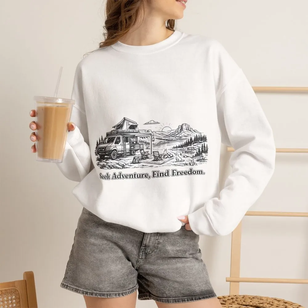 Unisex Heavy Blend™ Crewneck Sweatshirt — "Seek Adventure, Find Freedom" Design Minimal-Line