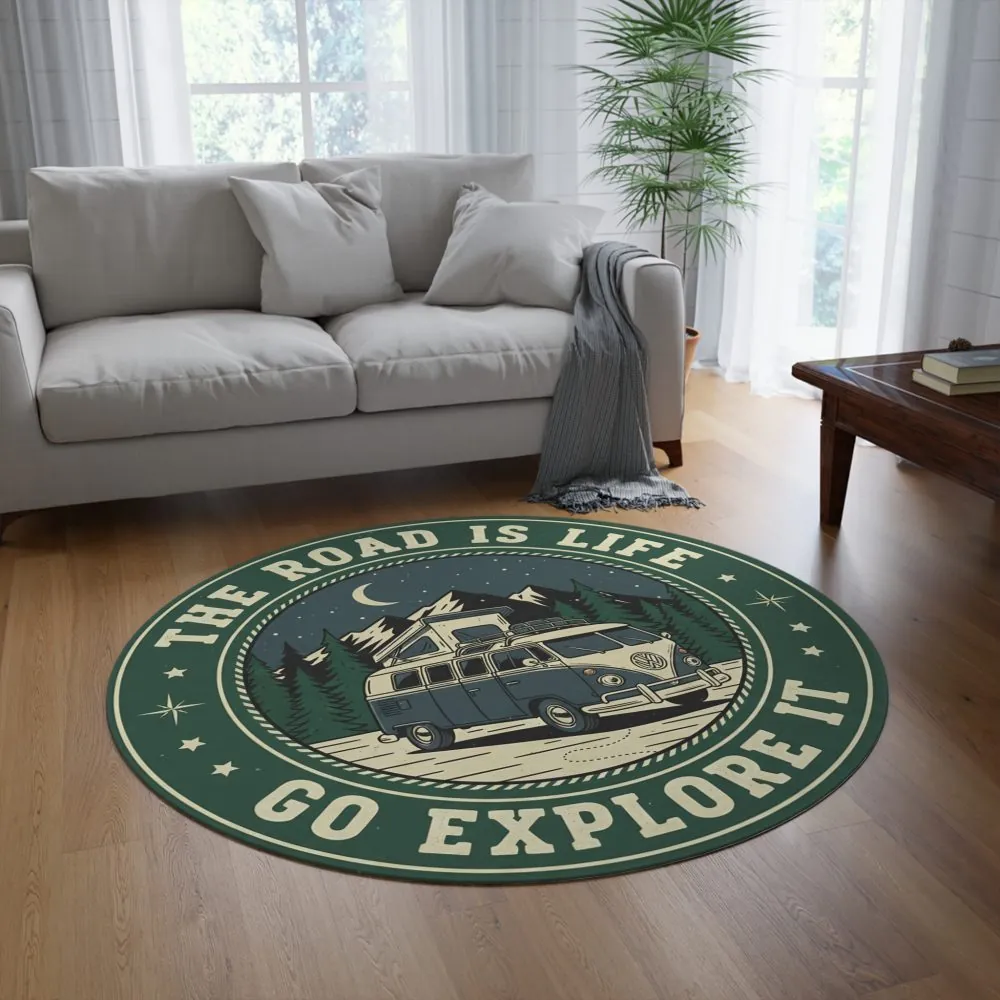 Round Rug - 'The Road Is Life, Go Explore It' Vintage Camper Travel Floor Mat