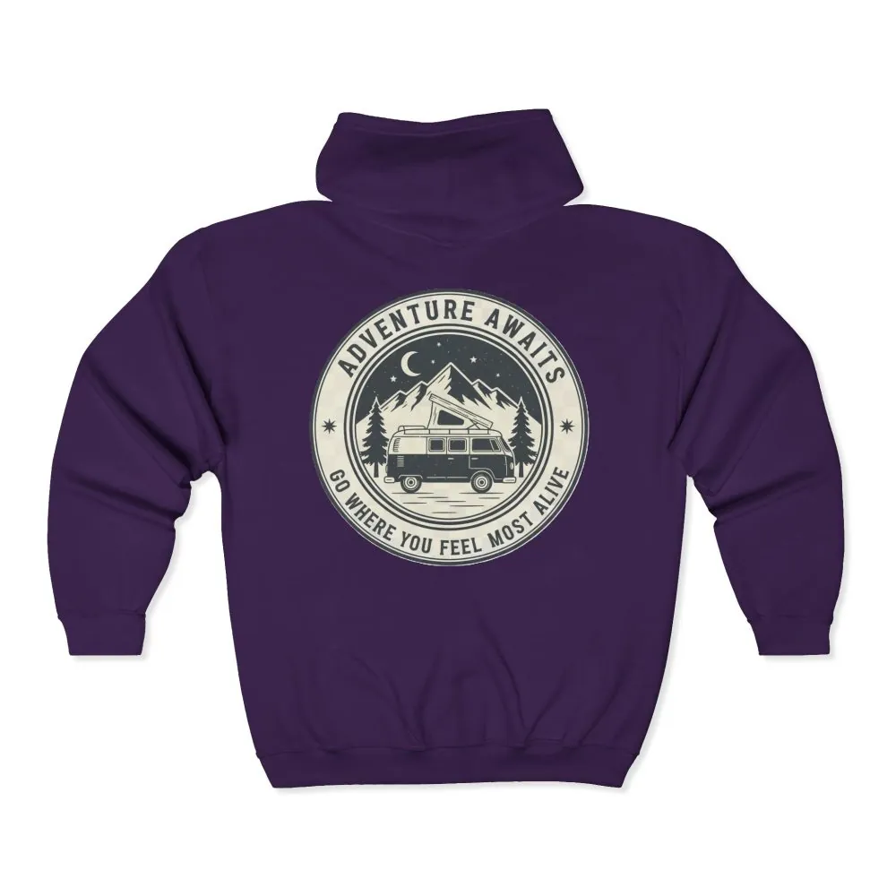 14218550593158065340_2048.jpeg Zip Hoodie — "Adventure Awaits-Go Where You Feel Most Alive" (Only Back Printed) Camper Van Adventure Zip-Up