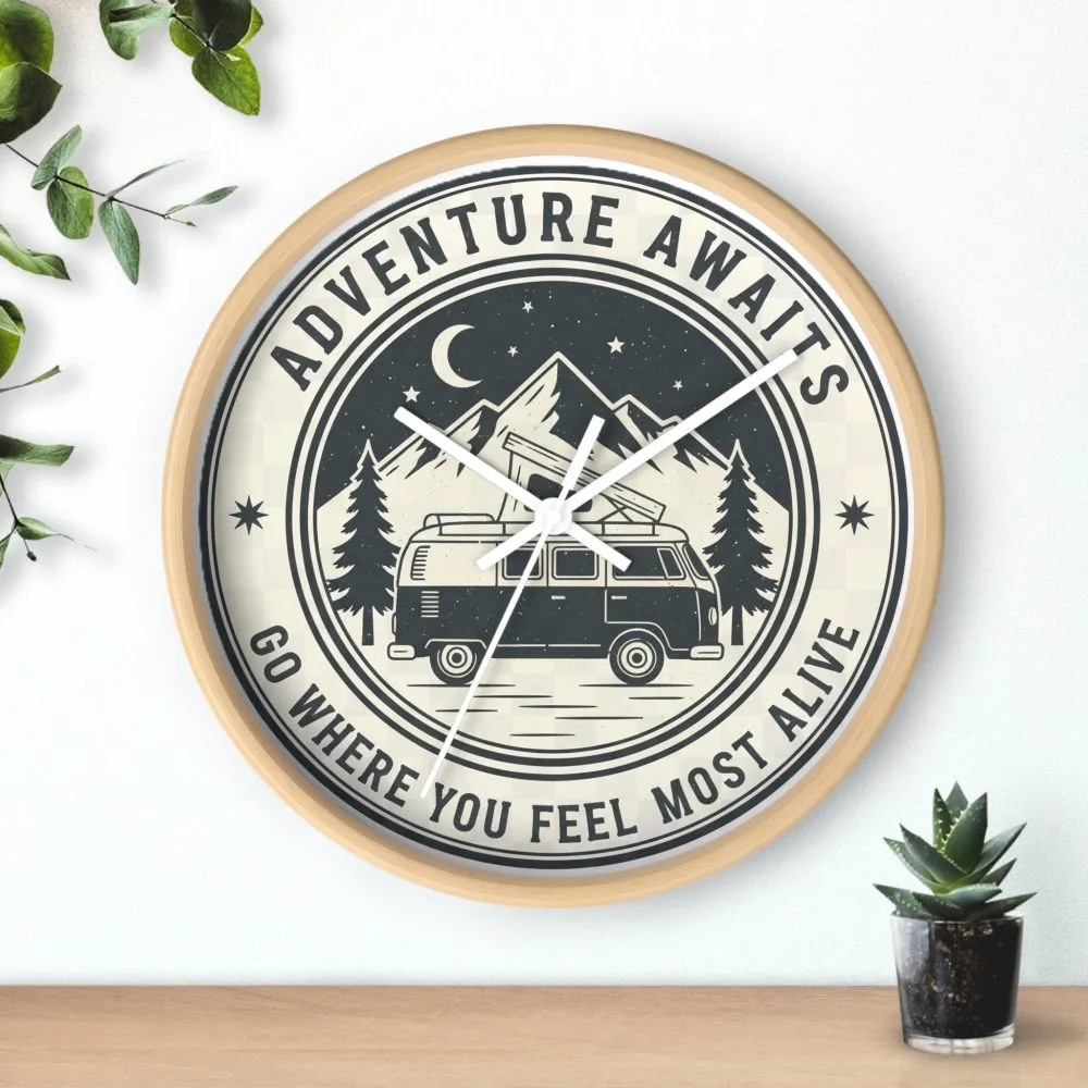 14237520826398817985_2048.jpeg Wall Clock — "Adventure Awaits-Go Where You Feel Most Alive" Camper Van Mountain Travel Timepiece