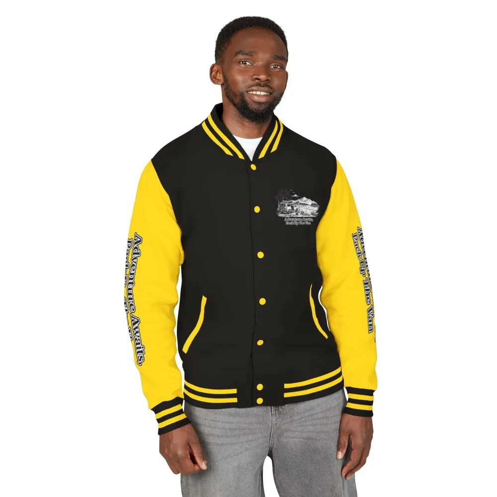 Unisex Heavyweight Letterman Jacket — "Adventure Awaits,Pack Up The Van" Travel Varsity Coat