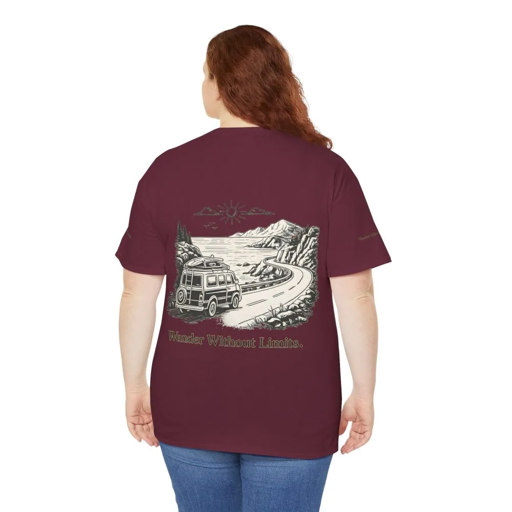 Unisex Heavy Cotton Tee — "Wander Without Limits" Design Minimal-Line