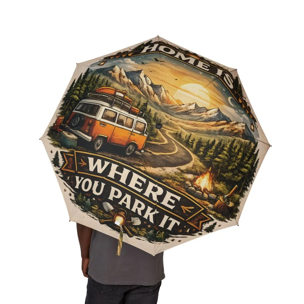 Semi-Automatic Foldable Umbrella — "Home Is Where You Park It" Vintage Adventure Print