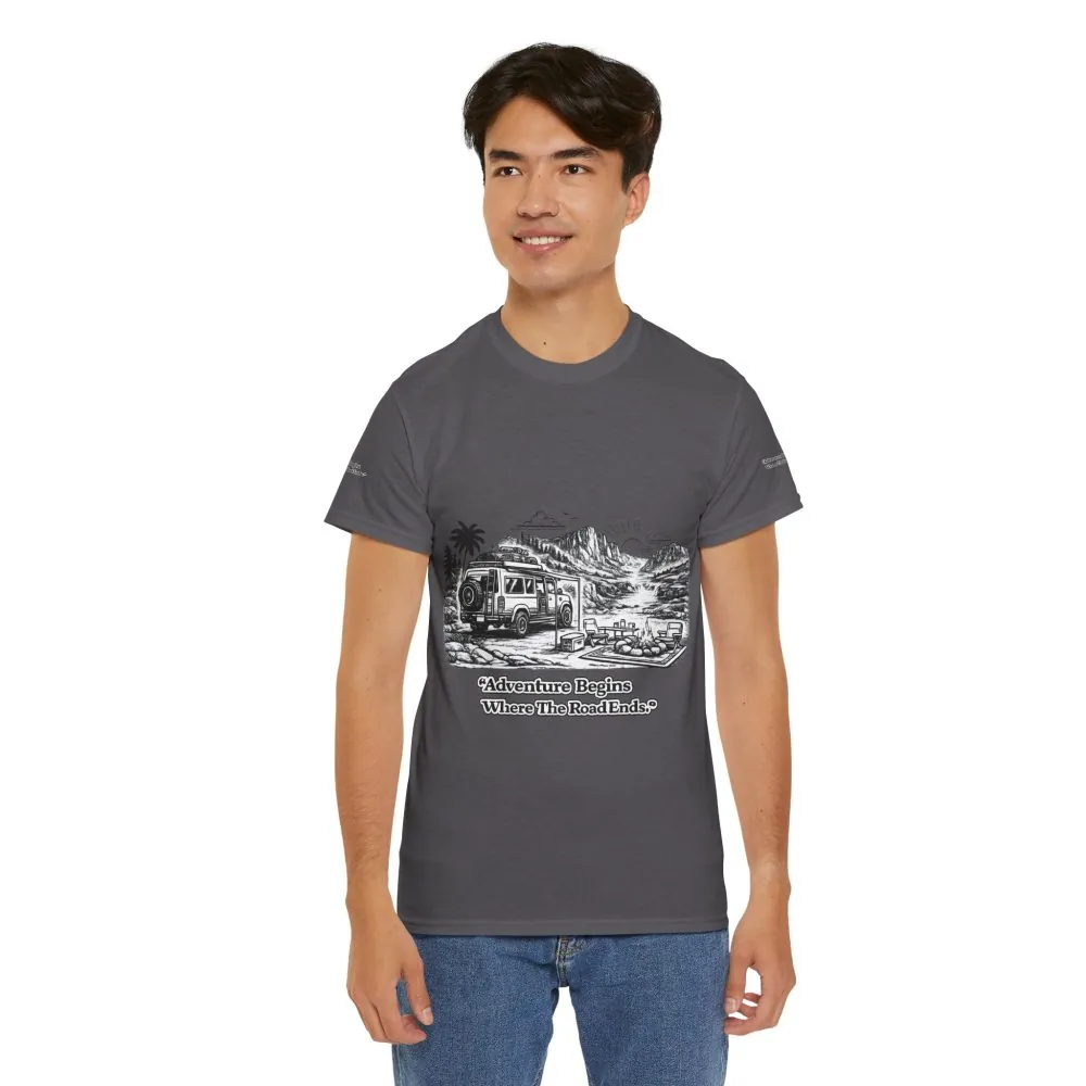 Unisex Heavy Cotton Tee — "Adventure Begins Where The Road Ends" Design Minimal-Line