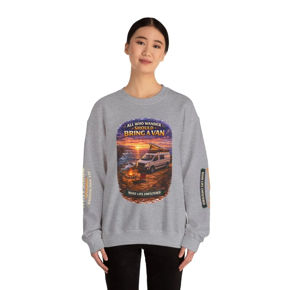 14268442988020773908_2048.jpeg Unisex Heavy Blend™ Crewneck Sweatshirt — "All Who wander Should Bring A Van" Design Scenic-Line