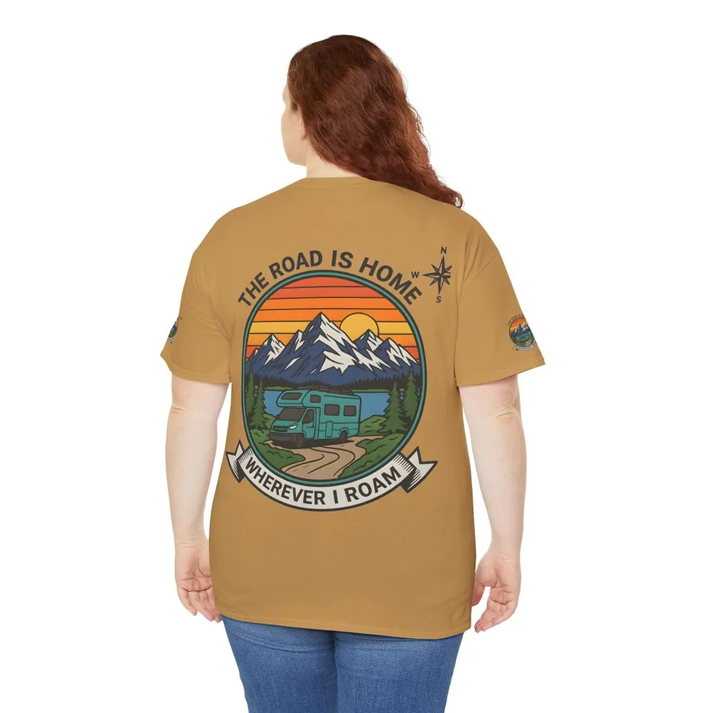 Unisex Heavy Cotton Tee  — 'The Road Is Home, Wherever I Roam' Retro Camper Tee