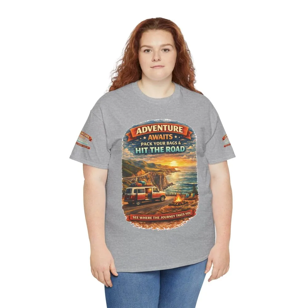 Unisex Heavy Cotton Tee — "Adventure Awaits-Pack Your Bags" Design Scenic-Line