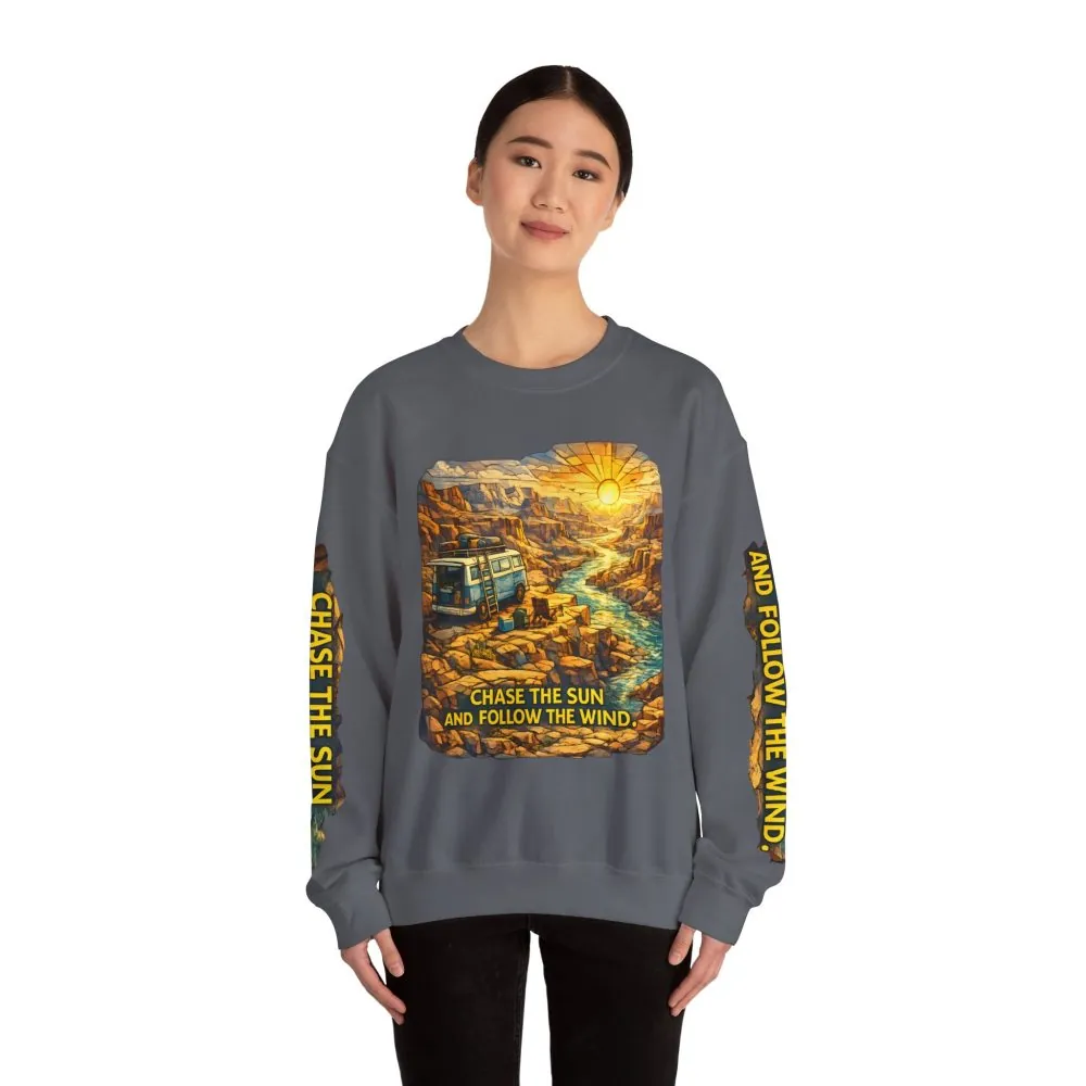 Unisex Heavy Blend™ Crewneck Sweatshirt — "Chase The Sun And Follow The Wind" Design Cubic-Line
