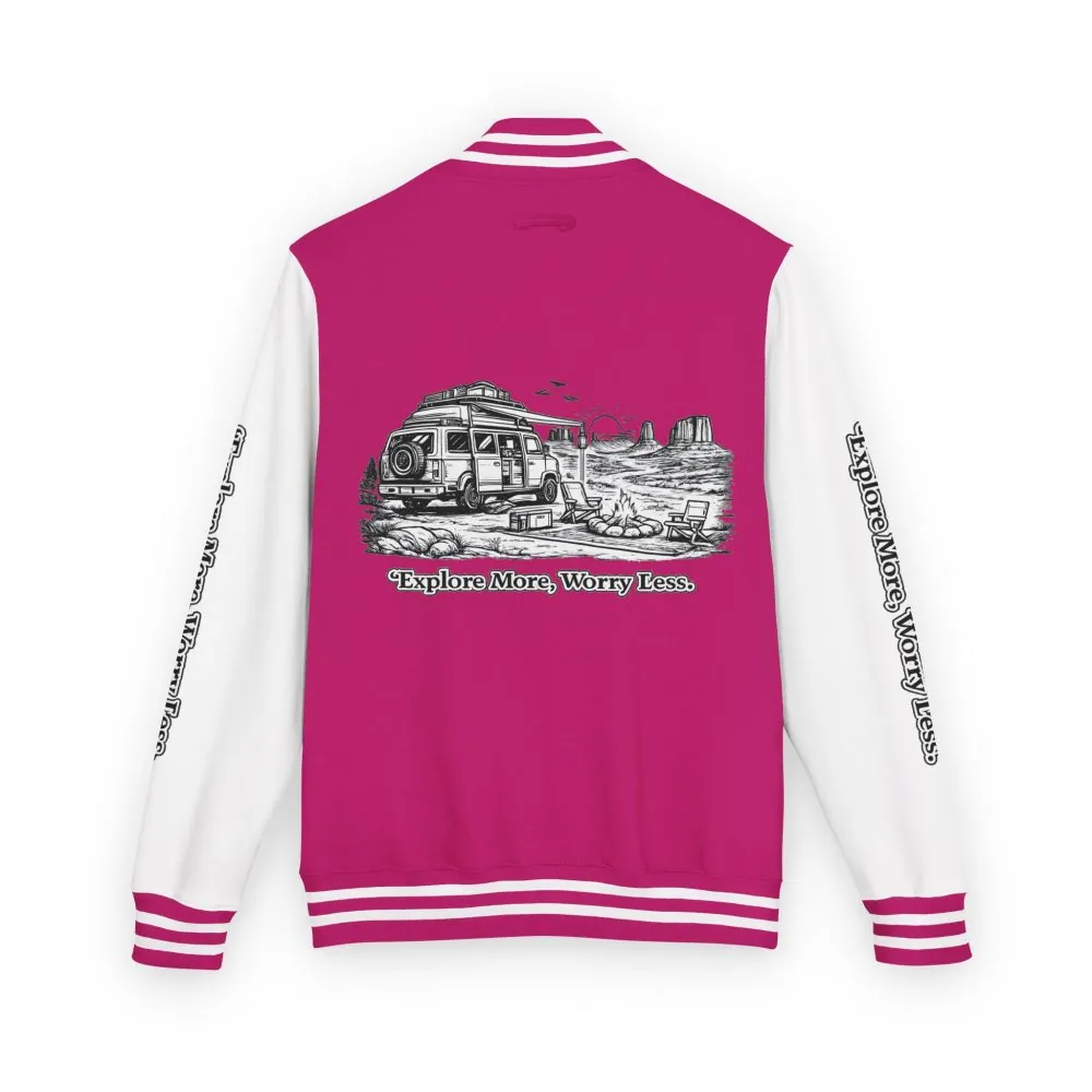 Unisex Heavyweight Letterman Jacket — "Explore More Worry Less" Travel Varsity Coat