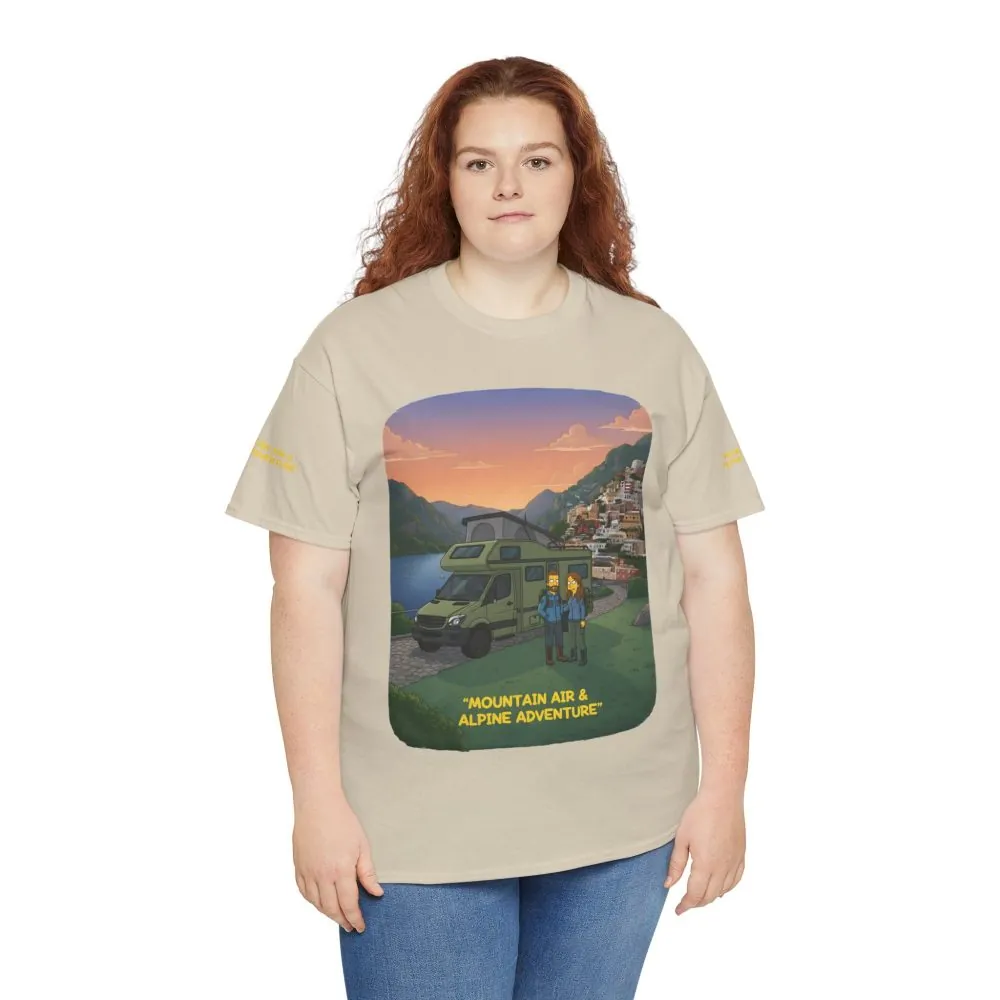 14332156576578747419_2048.jpeg Unisex Heavy Cotton Tee — "Mountain Air And Alpine Adventure" Design Sitcom-Line