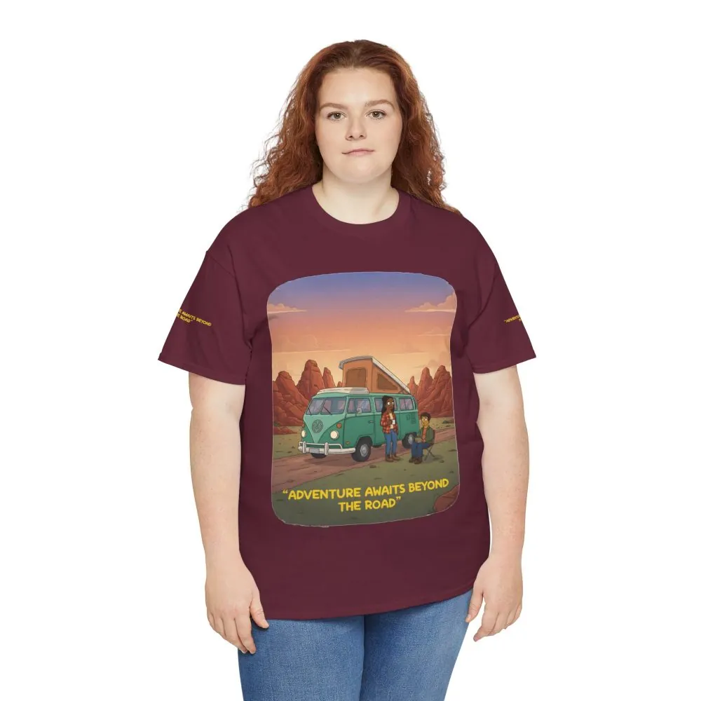 Unisex Heavy Cotton Tee — "Adventure Awaits Beyond The Road" Design Sitcom-Line
