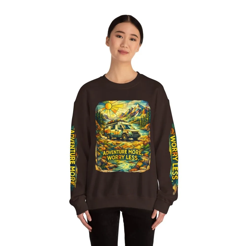 Unisex Heavy Blend™ Crewneck Sweatshirt — "Adventure More Worry Less" Design Cubic-Line