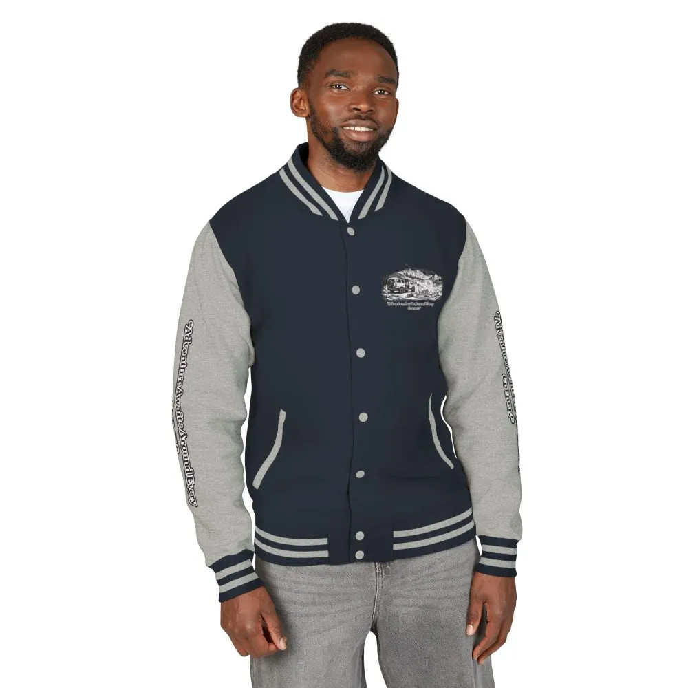 Unisex Heavyweight Letterman Jacket — "Adventure Awaits Around Every Corner" Travel Varsity Coat