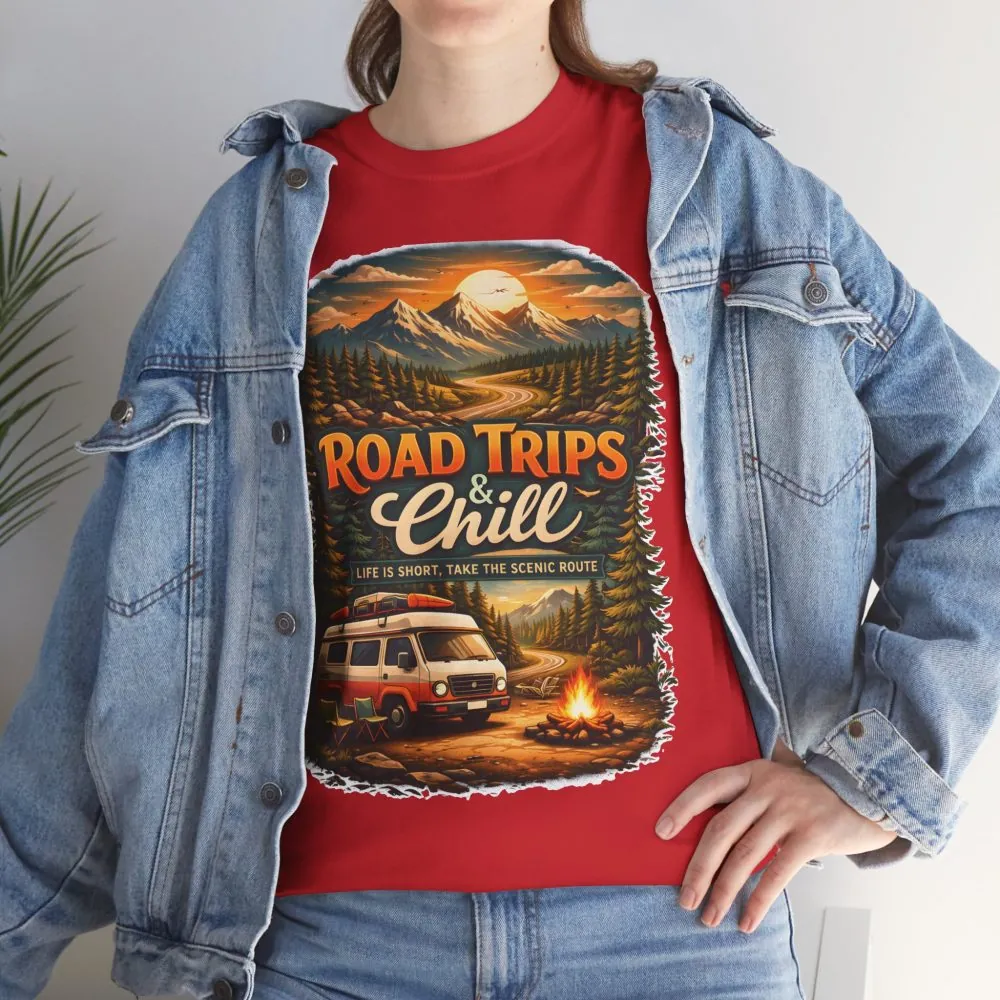 Unisex Heavy Cotton Tee — "Road Trips & Chill" Design Scenic-Line