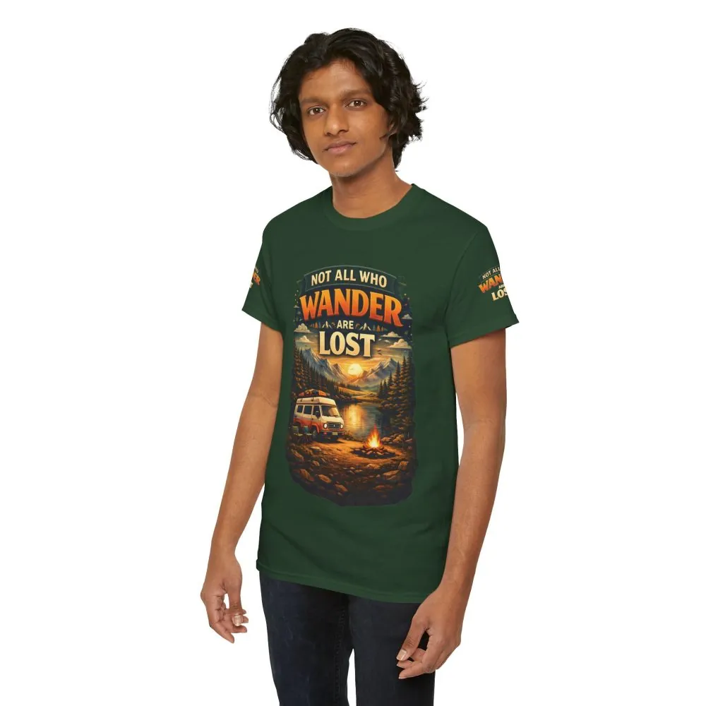 Unisex Heavy Cotton Tee — "Not All Who Wander Are Lost" Design Scenic-Line