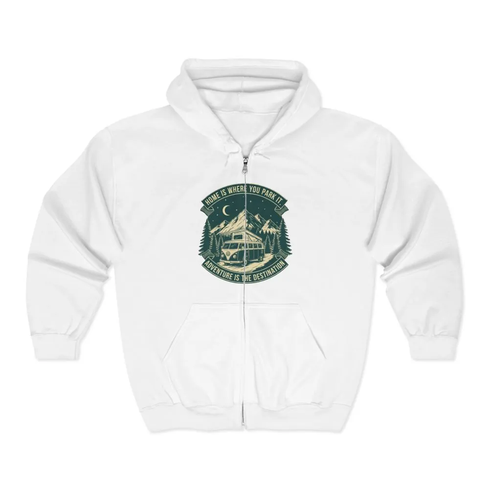 14402792366394660898_2048.jpeg Zip Hoodie — "Home Is Where You Park It-Adventure is the destination"(Front + Back Printed) Camper Van Adventure Zip-Up