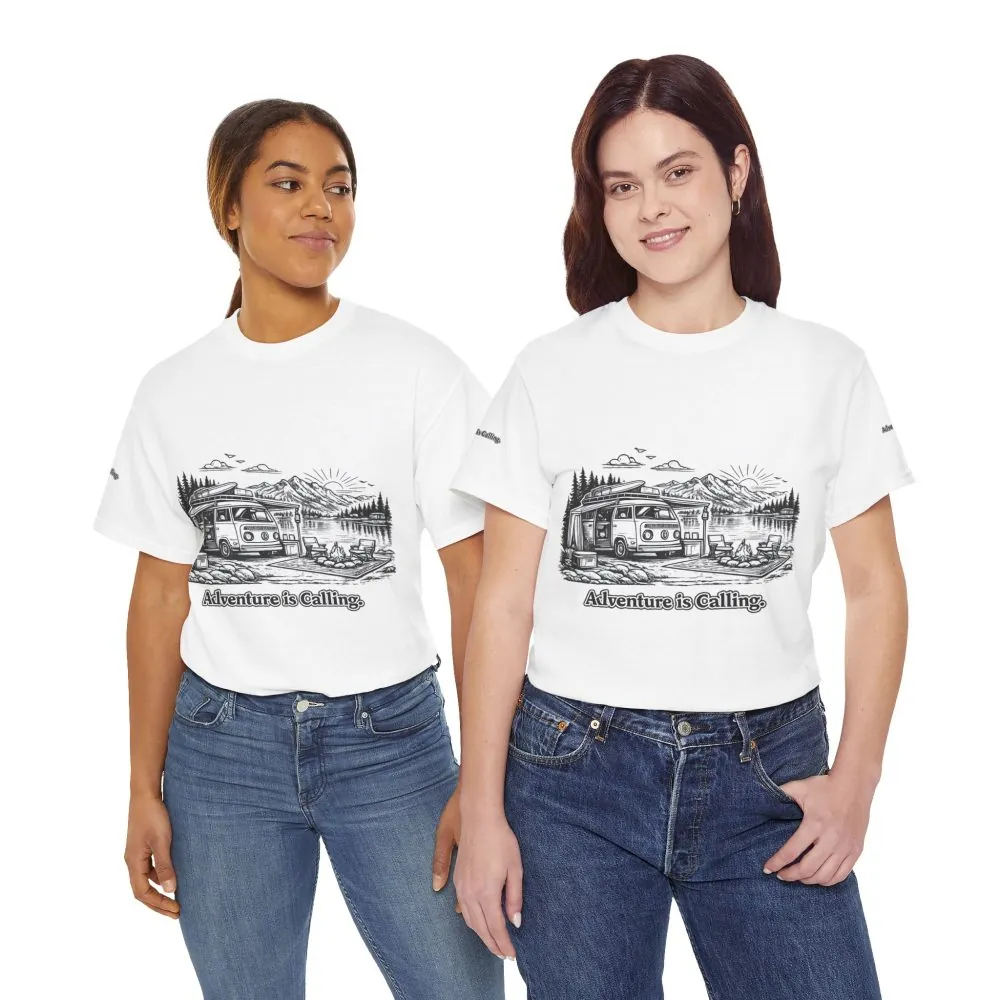 Unisex Heavy Cotton Tee — "Adventure Is Calling" Design Minimal-Line