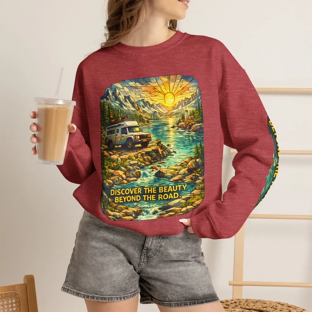 Unisex Heavy Blend™ Crewneck Sweatshirt — "Discover The Bieuty Beyond The Road" Design Cubic-Line