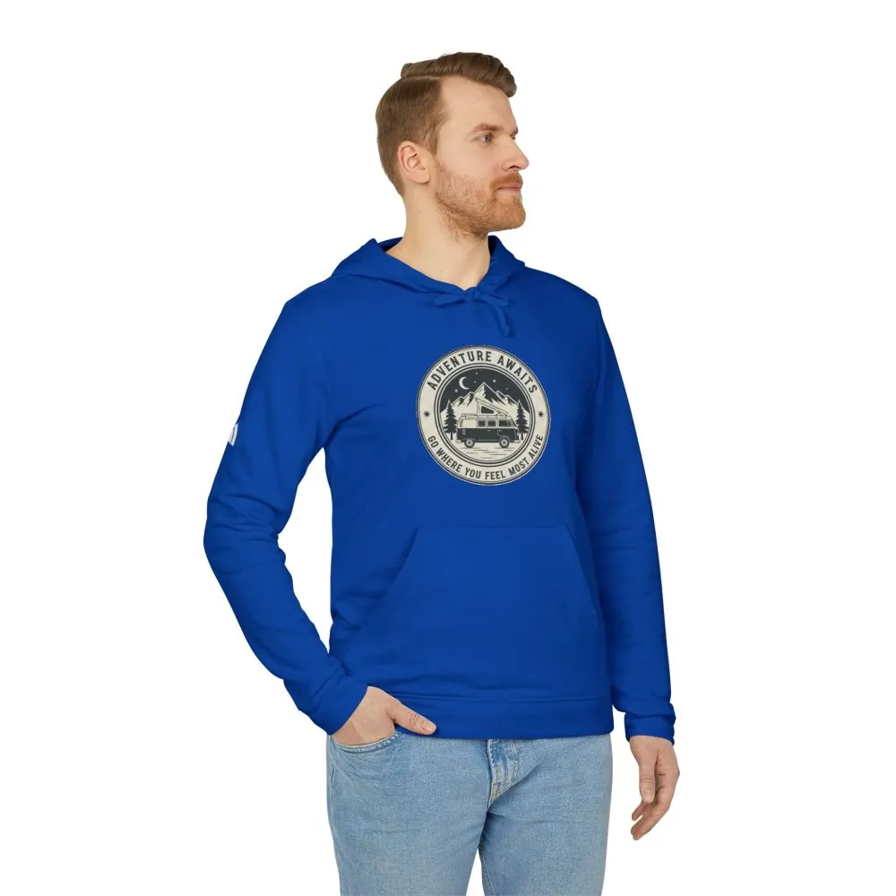 Hoodie(Adidas) — 'Adventure Awaits-Go Where You Feel Most Alive' Outdoor Travel Pullover (Only Front Printed)