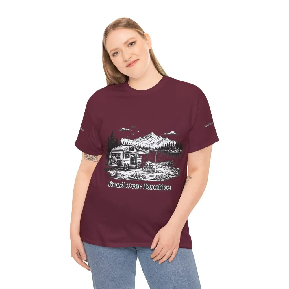 14425121651993480637_2048.jpeg Unisex Heavy Cotton Tee — "Road Over Routine" Design Minimal-Line