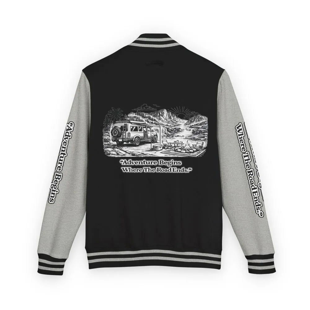Unisex Heavyweight Letterman Jacket — "Adventure Begins Where The Road Ends" Travel Varsity Coat
