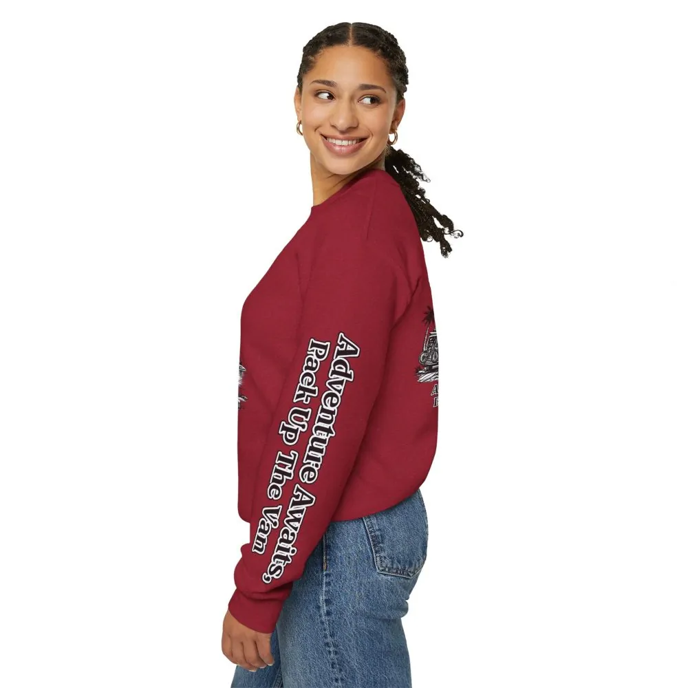 Unisex Heavy Blend™ Crewneck Sweatshirt — "Adventure Awaits,Pack Up The Van" Design Minimal-Line