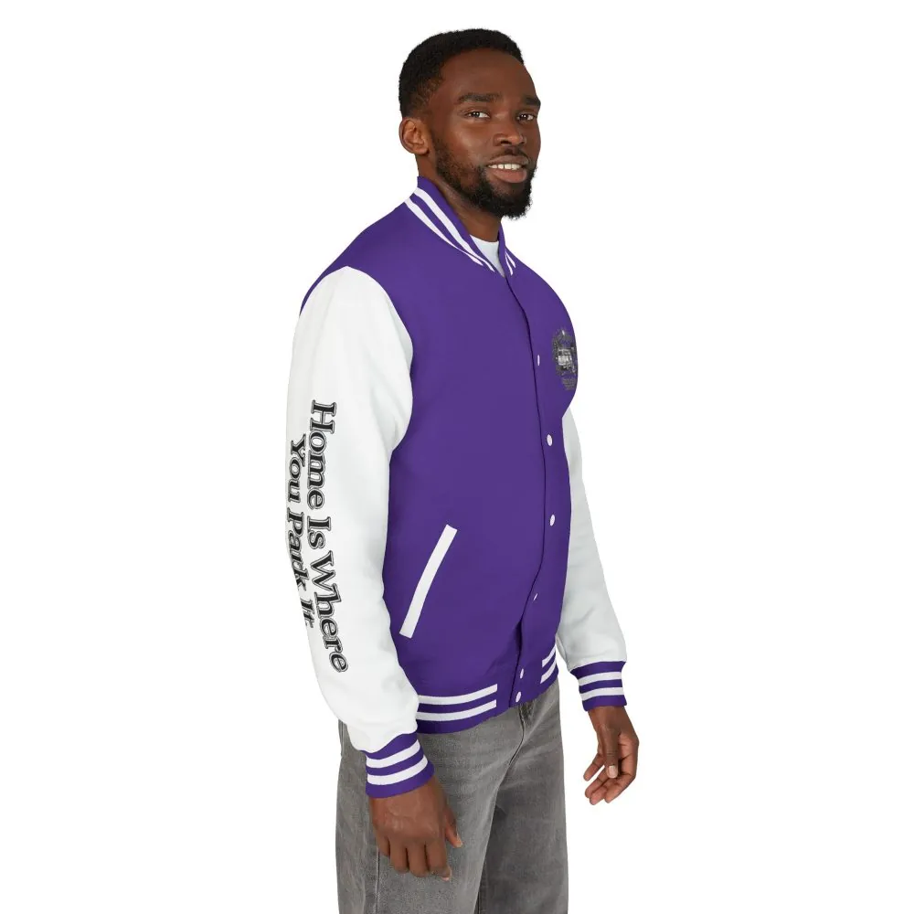 Unisex Heavyweight Letterman Jacket — "Home Is Where You Park It" Travel Varsity Coat