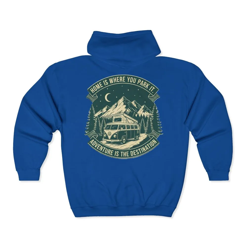 1448981179693093198_2048.jpeg Zip Hoodie — "Home Is Where You Park It-Adventure is the destination"(Front + Back Printed) Camper Van Adventure Zip-Up