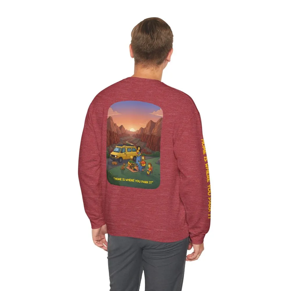 Unisex Heavy Blend™ Crewneck Sweatshirt — "Home Is Where You Park It" Design Sitcom-Line