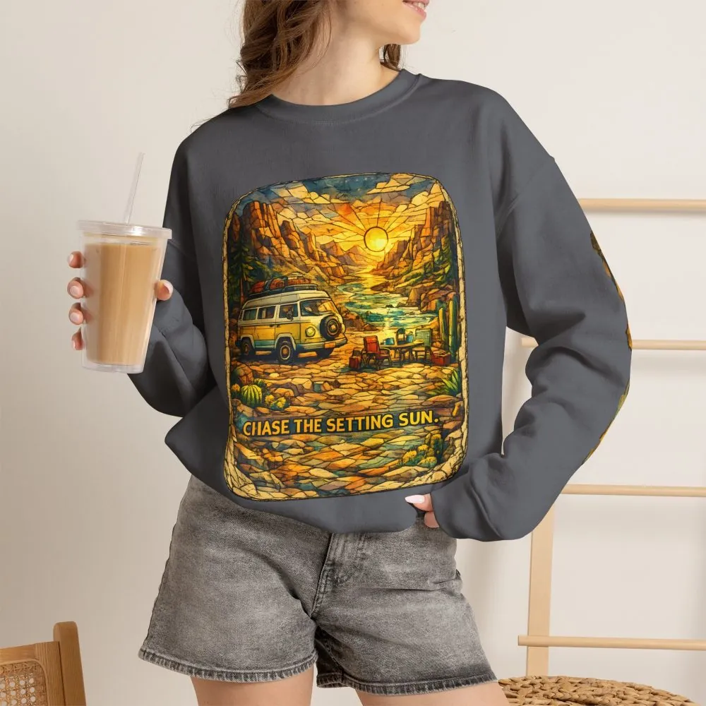 Unisex Heavy Blend™ Crewneck Sweatshirt — "Chase The Settings Sun" Design Cubic-Line