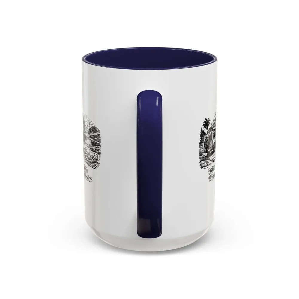 Accent Coffee Mug (11, 15oz) — "Adventure Begins Where The Road Ends" Design Minimal-Line