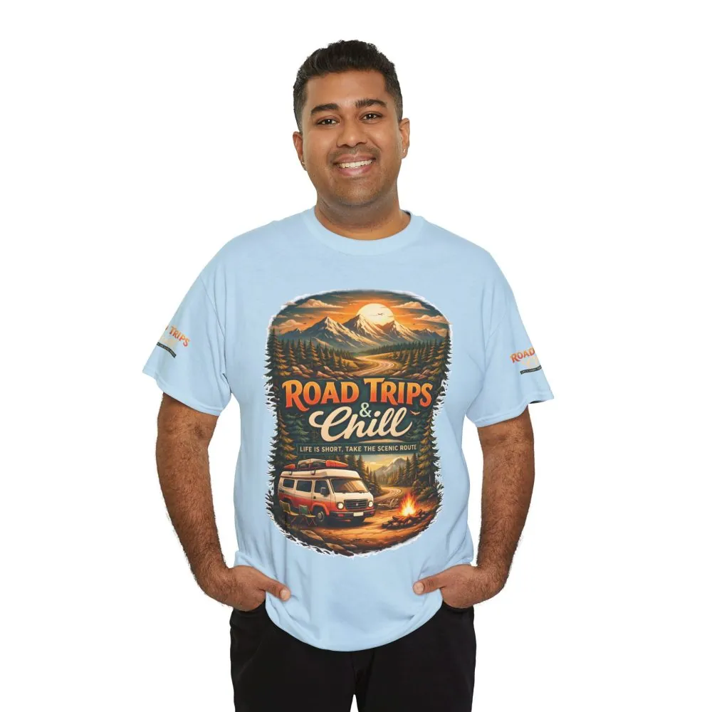 Unisex Heavy Cotton Tee — "Road Trips & Chill" Design Scenic-Line