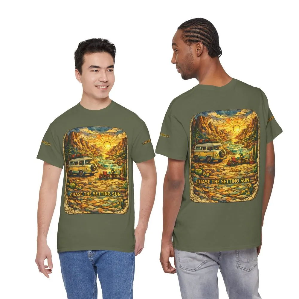 Unisex Heavy Cotton Tee — "Chase The Settings Sun" Design Cubic-Line