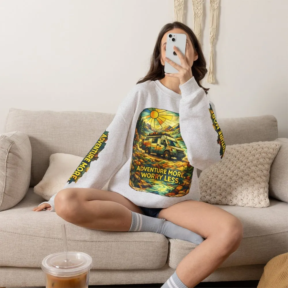 Unisex Heavy Blend™ Crewneck Sweatshirt — "Adventure More Worry Less" Design Cubic-Line